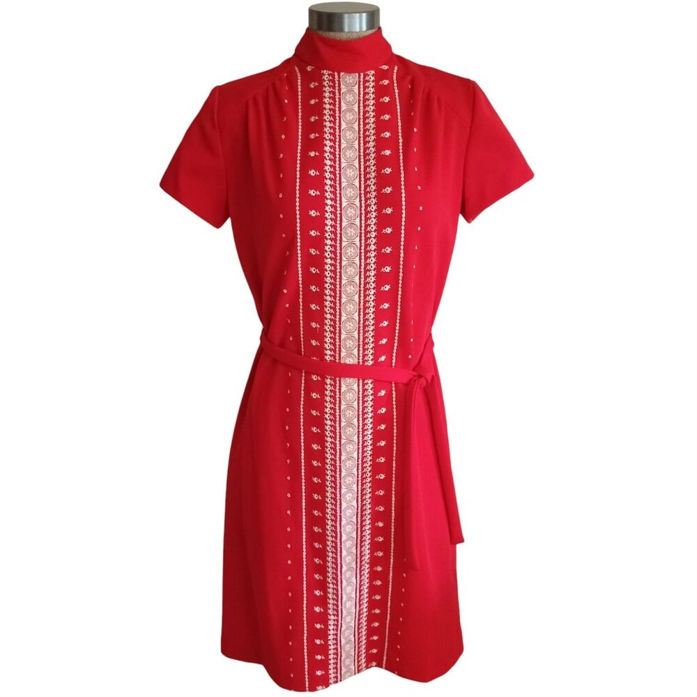 Vintage Kenny Classics 60s Dress Sz 12 Red Embroidered Belted Shift NWT